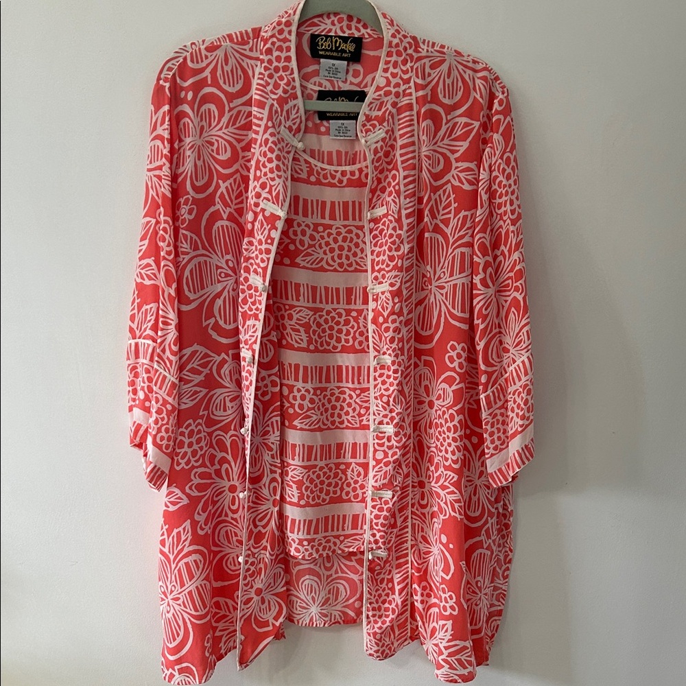 Bob Mackie Wearable Art Silk Kimono/Tank Set Women's XL Vibrant Pink Floral